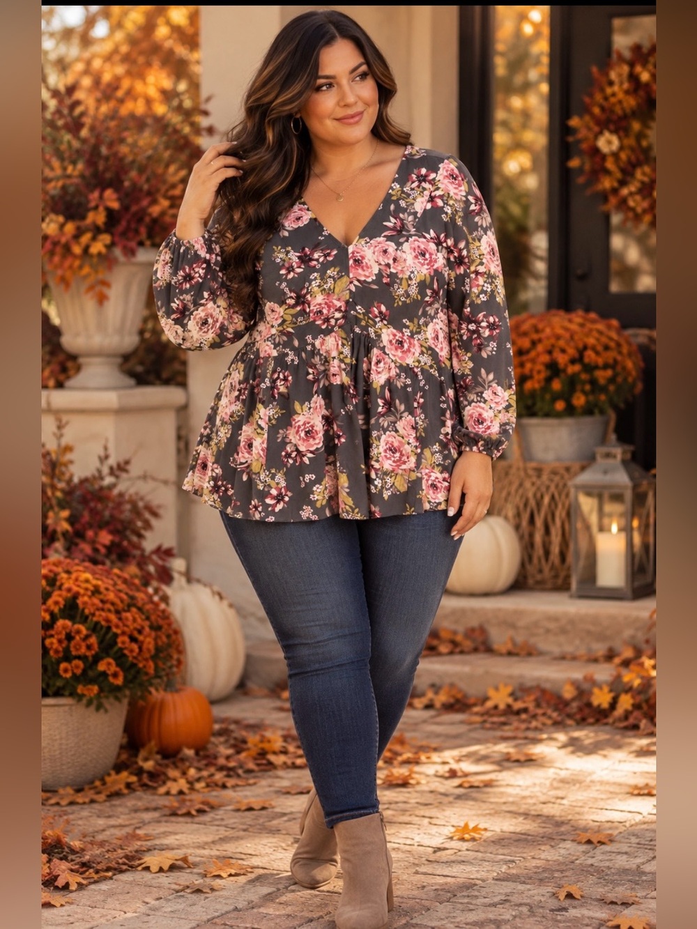 torrid Charcoal Floral V-Neck Peplum Top - Pink & Green